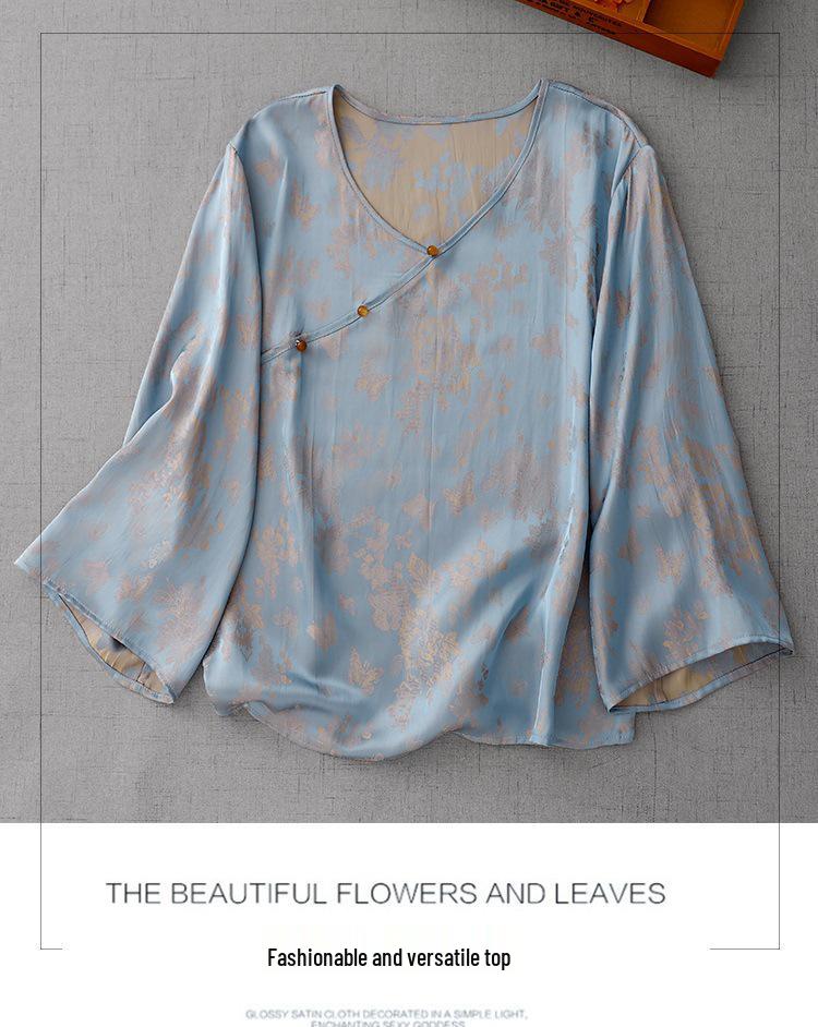 Neues Rayon Chinesisches Jacquard Sommerhemd im Nationalen Stil mit schrägem Knopfleisten
