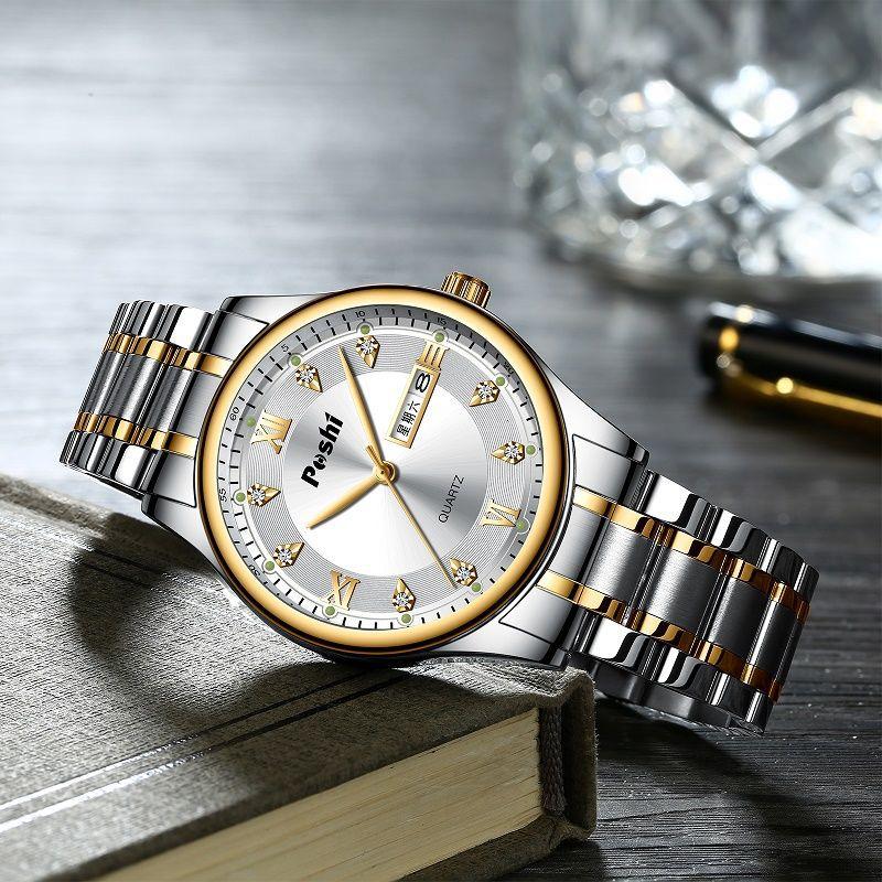 POSHI Men's Electronic Quartz Watch Waterproof Luminous Double Calendar Large Dial Stainless Steel Men's Watch