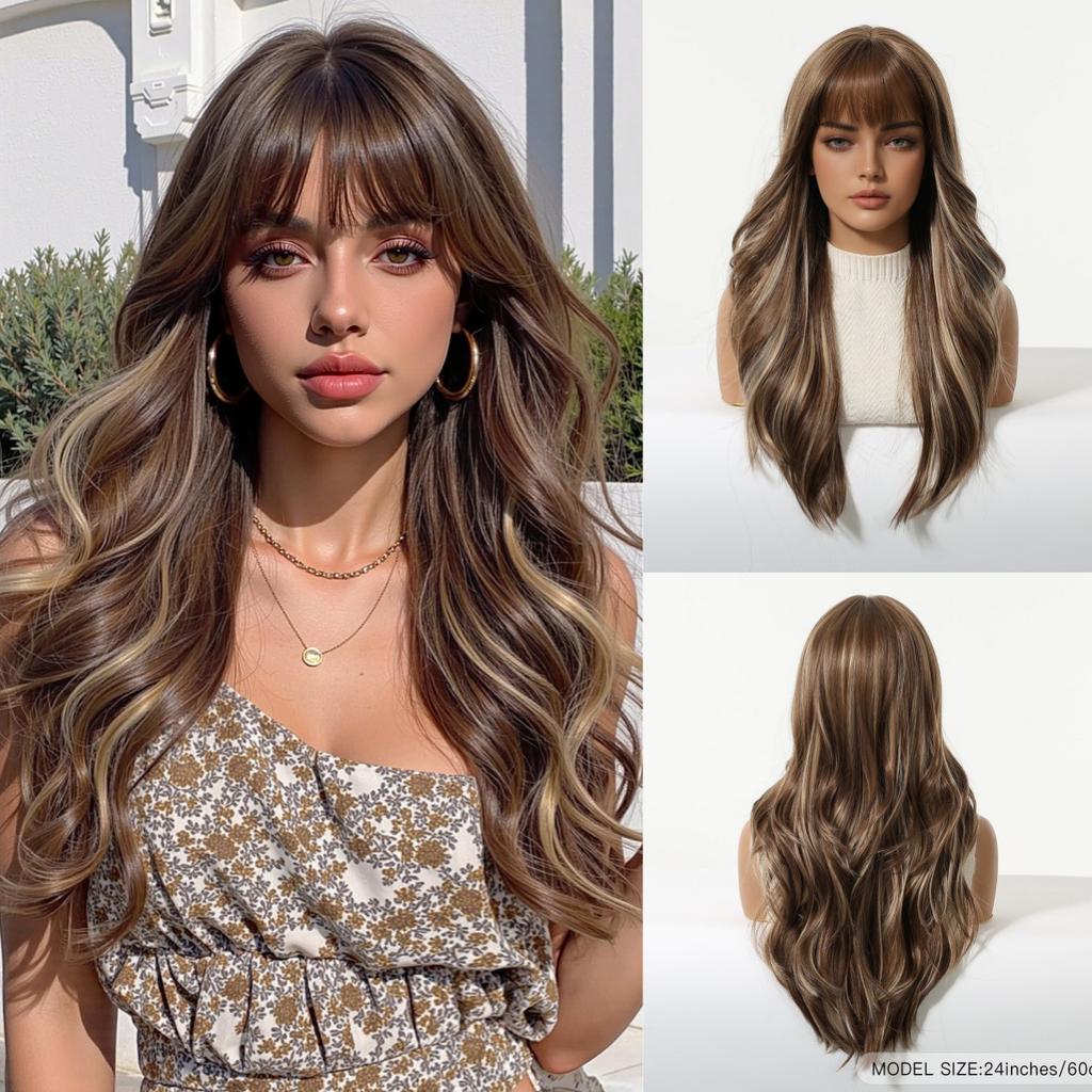European And American Wind Gradual Change Gray Gold Long Curly Hair Wig Air Bangs Big Waves Natural Realistic Chemical Fiber Full Head Cover