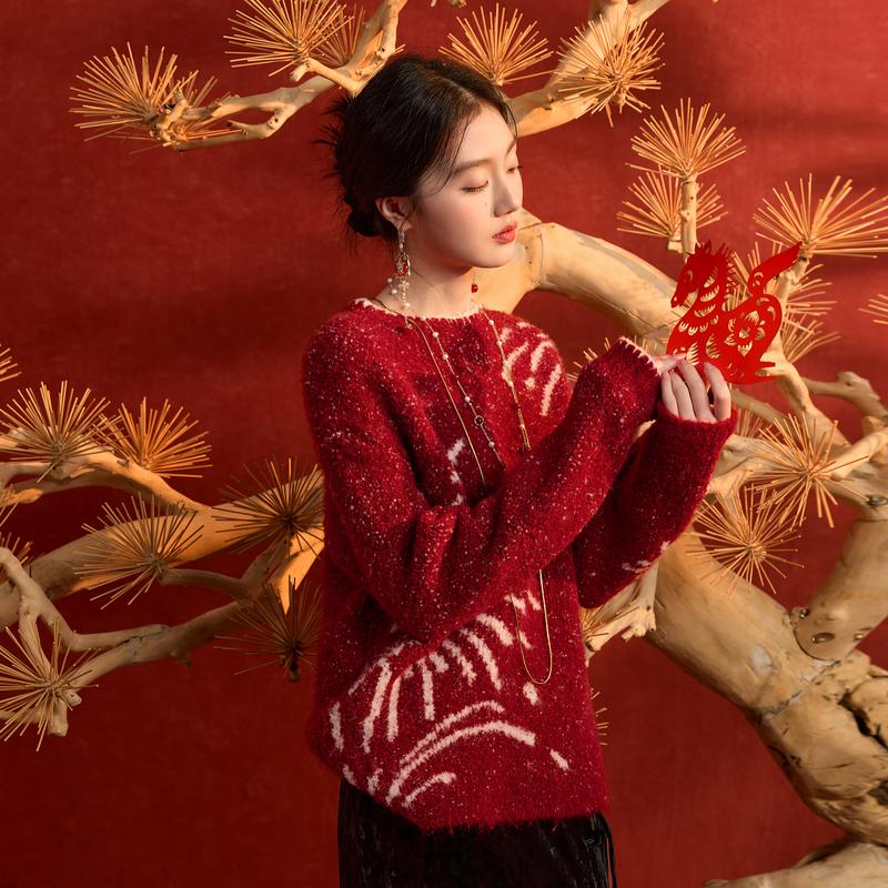 3COLOUR Sweaters Women's Cherry Red Crew Neck Moderate Straight Fit D411XC203M00