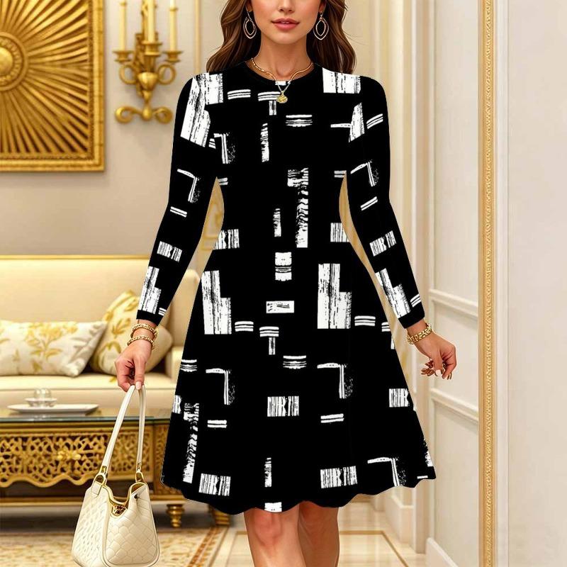 Women's Bohemian Casual Midi Dress Print Round Neck Long Sleeve A Line Loose Swing Dresses