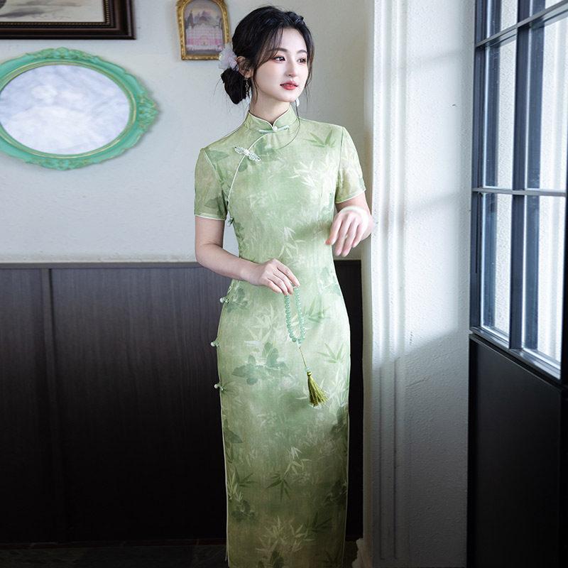 Green send test national style new Chinese long cheongsam improved young 1011 new women's high-end catwalk summer