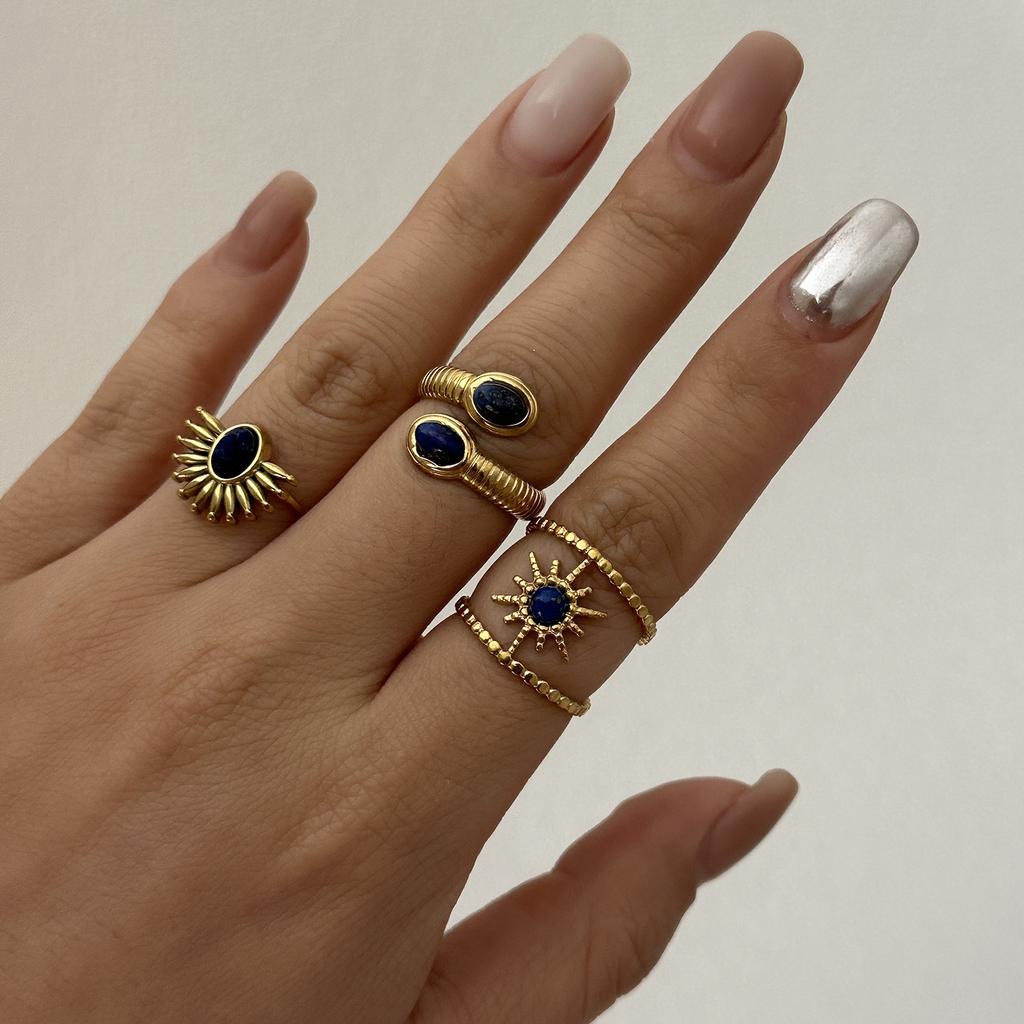 Stainless Steel French Vintage Gemstone Ring For Women Gold Plated Sun Stackable Open Finger Ring Party Hand Personality Jewelry