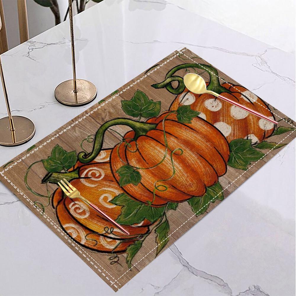 Halloween Fall Autumn Linen Placemat Table Coffee Mat Orange Brown Gnome Pumpkin Maple Leaf Plaid Harvest Happy Decorative