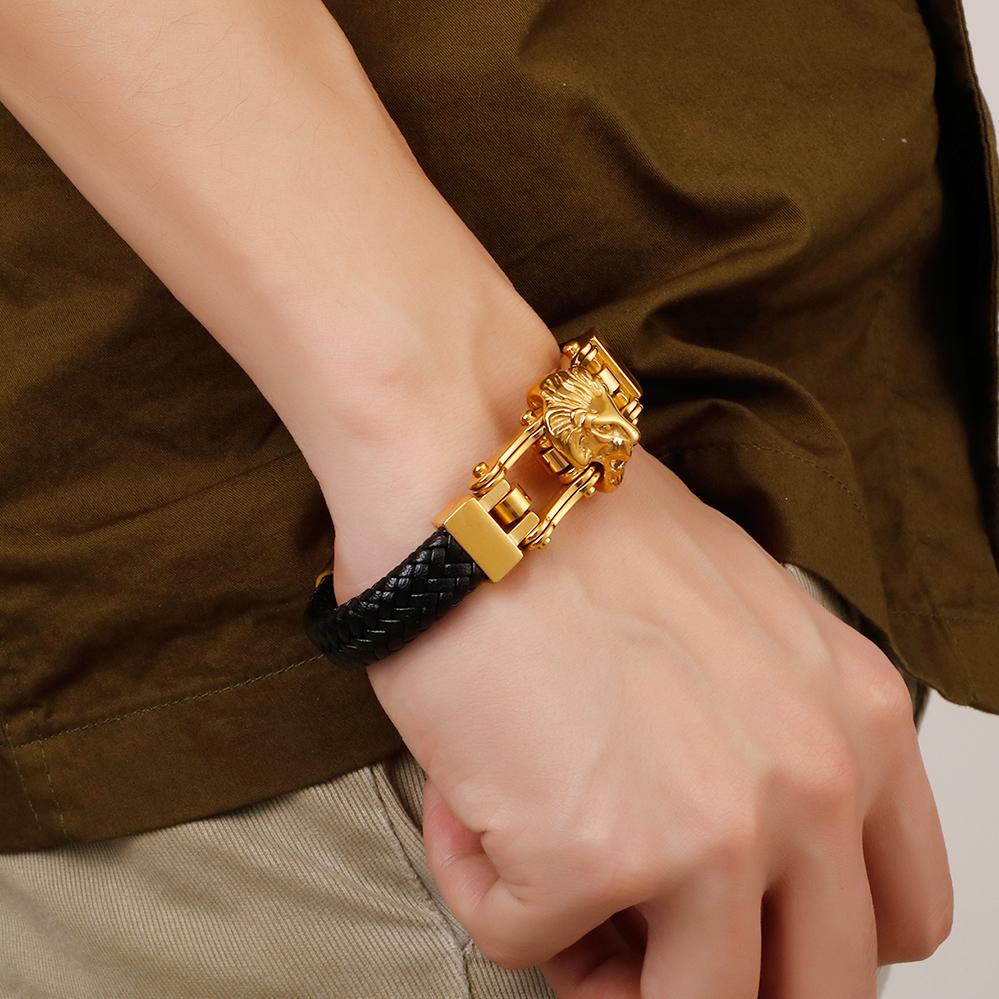 Punk Goth Lion Head Men's Bracelets & Bangles Braided Genuine Leather Man Bracelet Gold Color Stainless Steel Bike Chain Jewelry