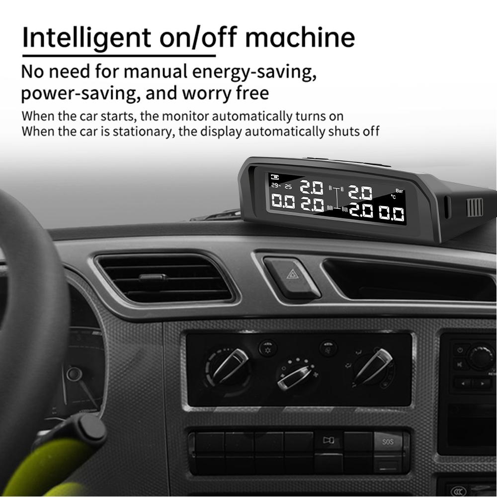 Smart Car Tire Pressure Monitor Solar-Powered TPMS with LCD Display - External/Internal Sensors, IPX7 Waterproof, Real-Time Monitoring System