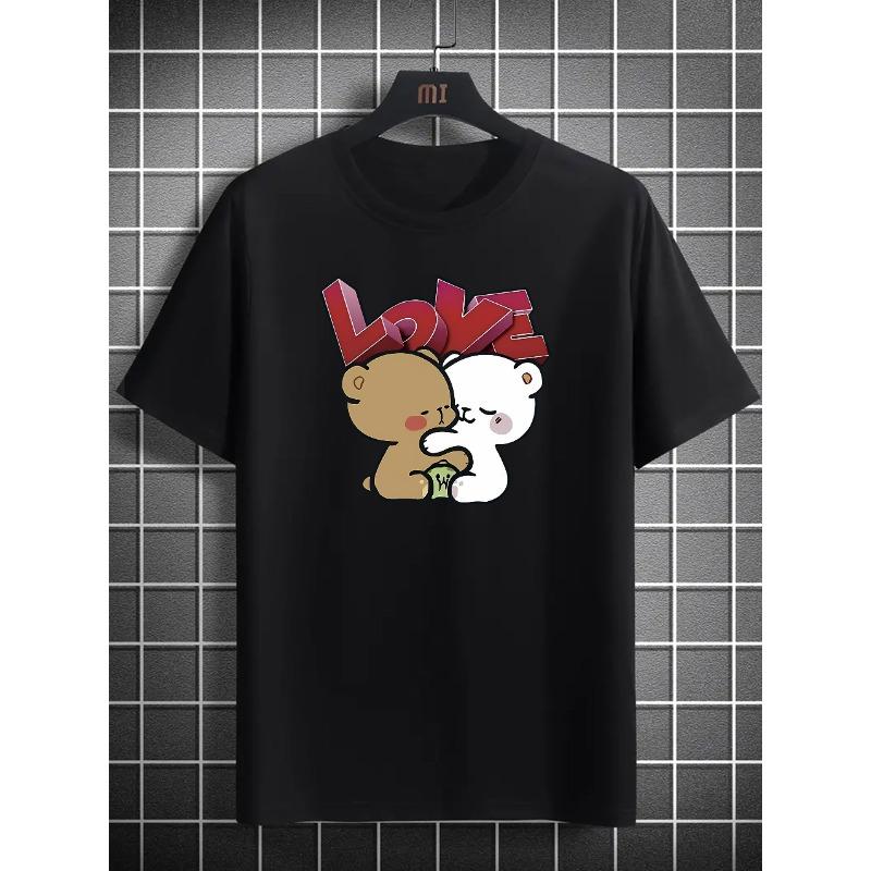 

European sizes Men S Fashion Trend LOVE Bear Pattern Print Short-Sleeve T-Shirt, Round Neck, Perfect for Casual Camping And Summer Vacations S чёрный