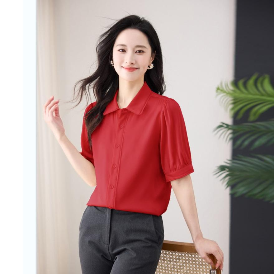

Трендовая брендовая рубашка из тутового шелка женская новая тонкая с чувством темперамента шелковая рубашка с коротким рукавом топ XXXL красный