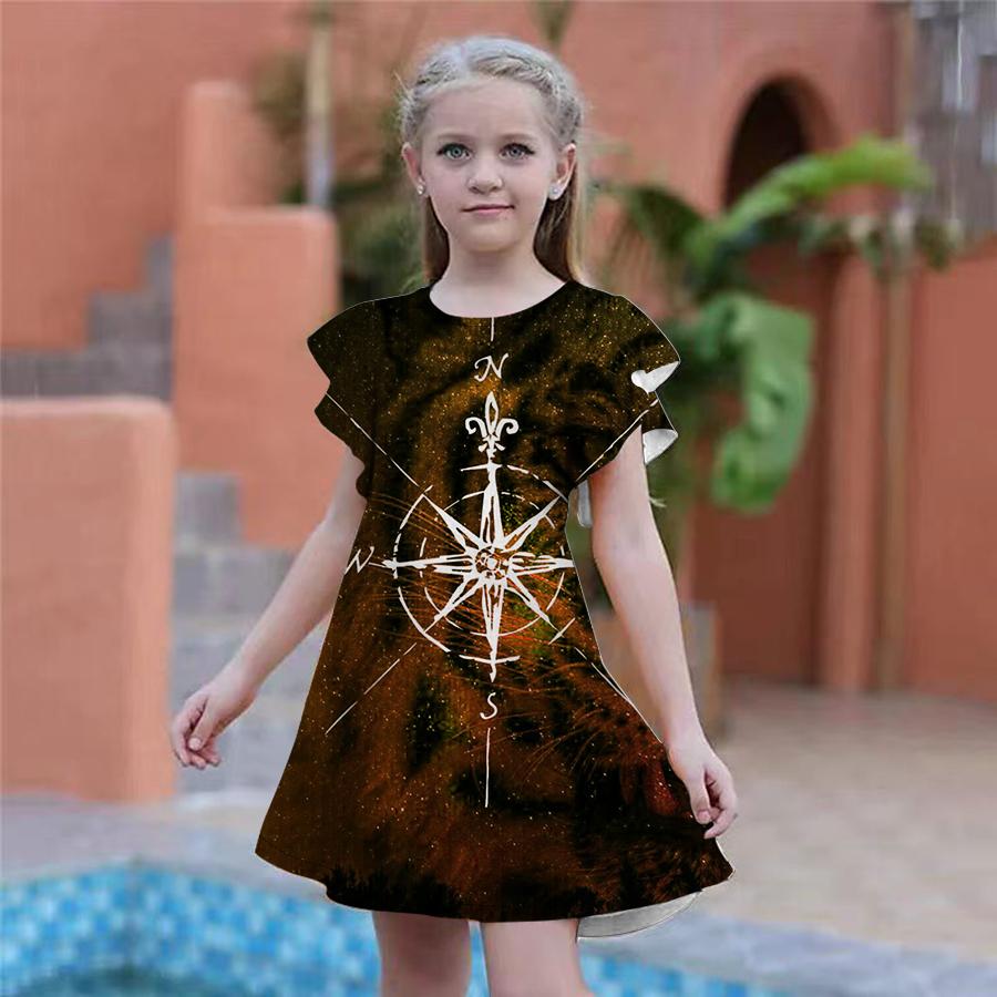 Robes Bleues à Imprimé Pentagramme pour Filles Robe de Fête pour Enfants Fille Coupe Ample Coupe Ample Manches Courtes Jupe pour Filles de Plus de Quatre Ans