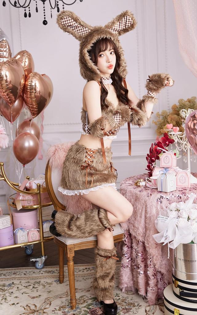 Malymoon Bunny Girl Costume Set Halloween Bunny Plush Gingham Idol 9960 8-Piece (Brown), Ears, Fur, Check, Ribbon, Costume, Malymoon, (Brown)