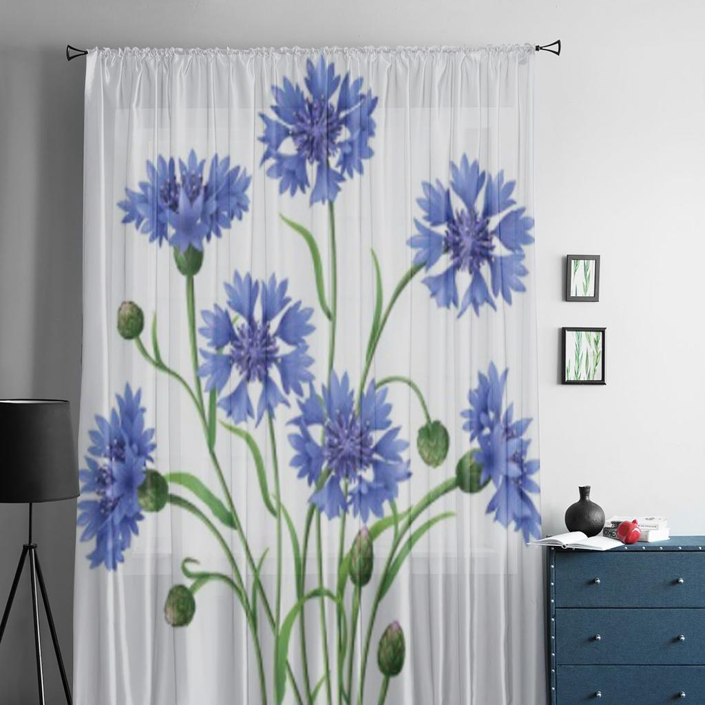 Blaue Kornblumen isoliert auf weißem Tüll, transparente Vorhänge für Wohnzimmer, Schlafzimmer, Küche, Dekoration, Voile-Organza-Vorhänge