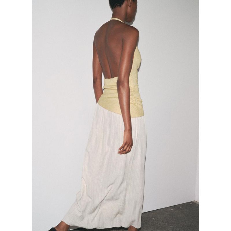 Summer New Women clothes off-the-Shoulder Contrast Color Patchwork Hanging Collar Sleeveless Temperament Long Dress 1165001