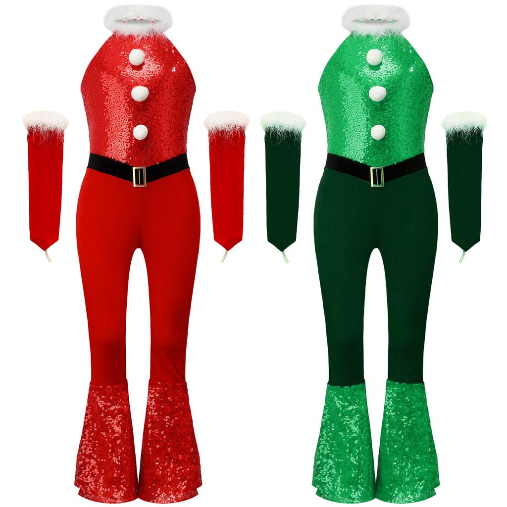Girl Jazz Latin Cheerleading Dancewear Christmas Costume New Year Holiday Party Performance Suit Sequins Jumpsuit with Arm Sleeve
