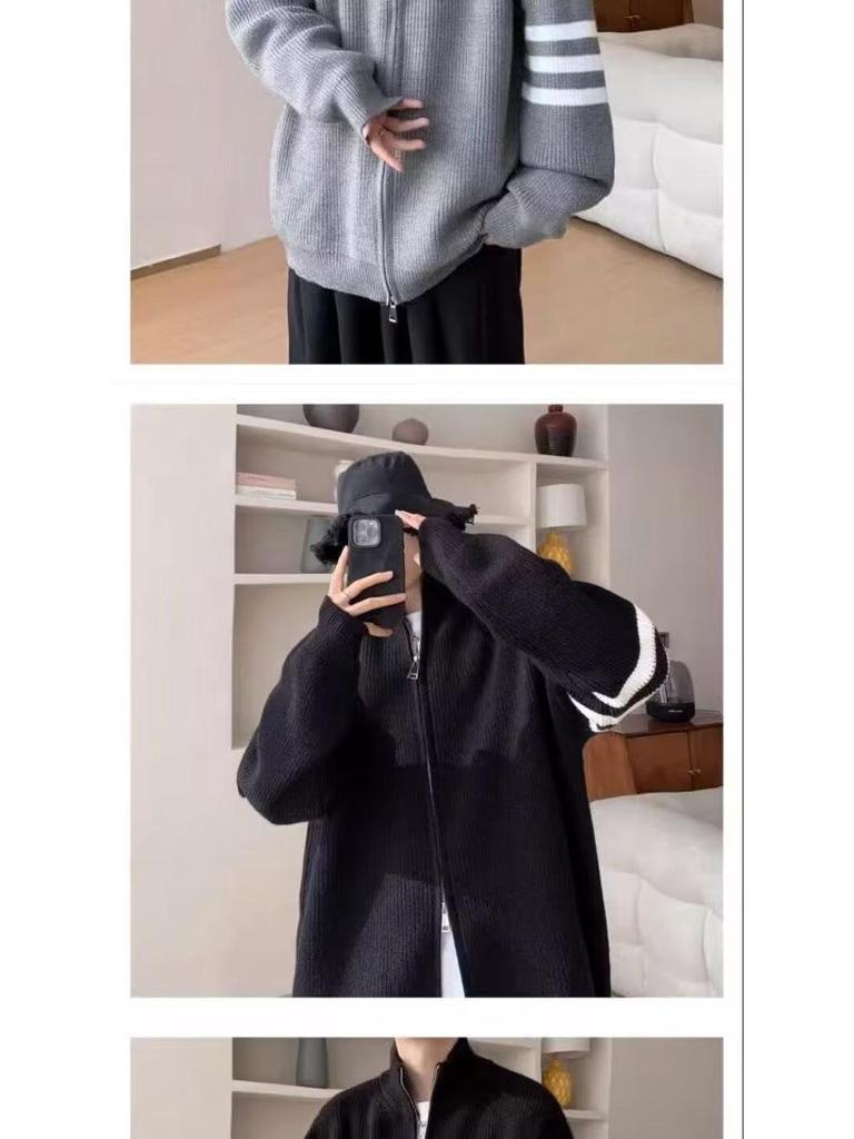 Men's Striped Cardigan Sweater: Casual Knitwear Jacket with High-End Feel for Autumn/Winter.