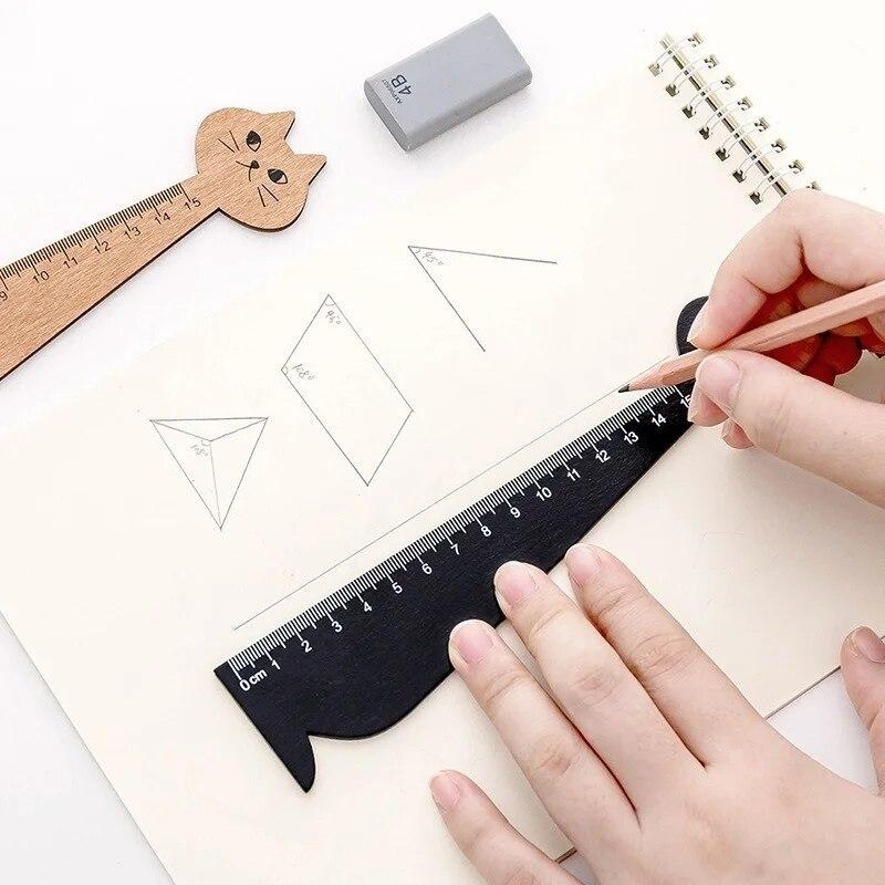 1 Piece Cute Cat Straight Ruler Wooden Kawaii Tools Stationery Cartoon Drawing