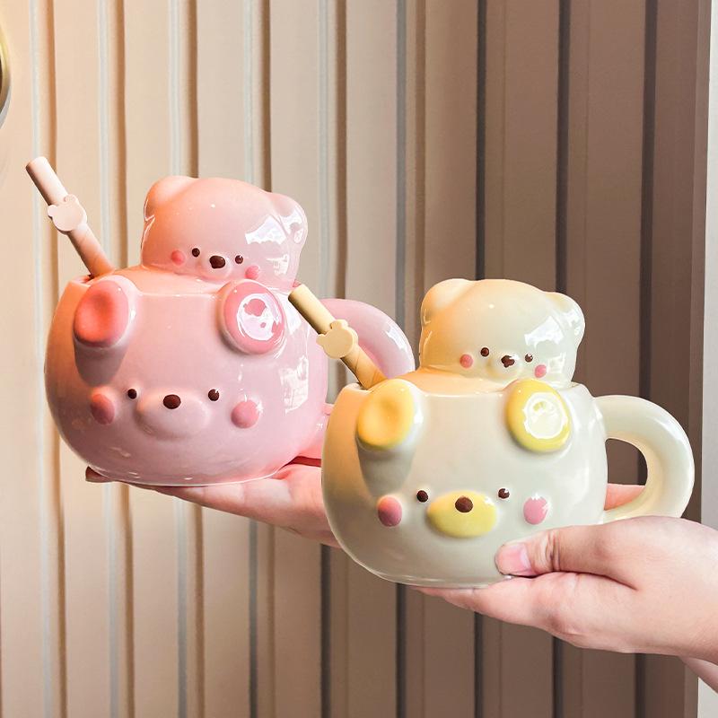 Cream Bear Cup Girls High-value Ceramic Mug with Lid Household Drinking Cup Birthday Gift Souvenir