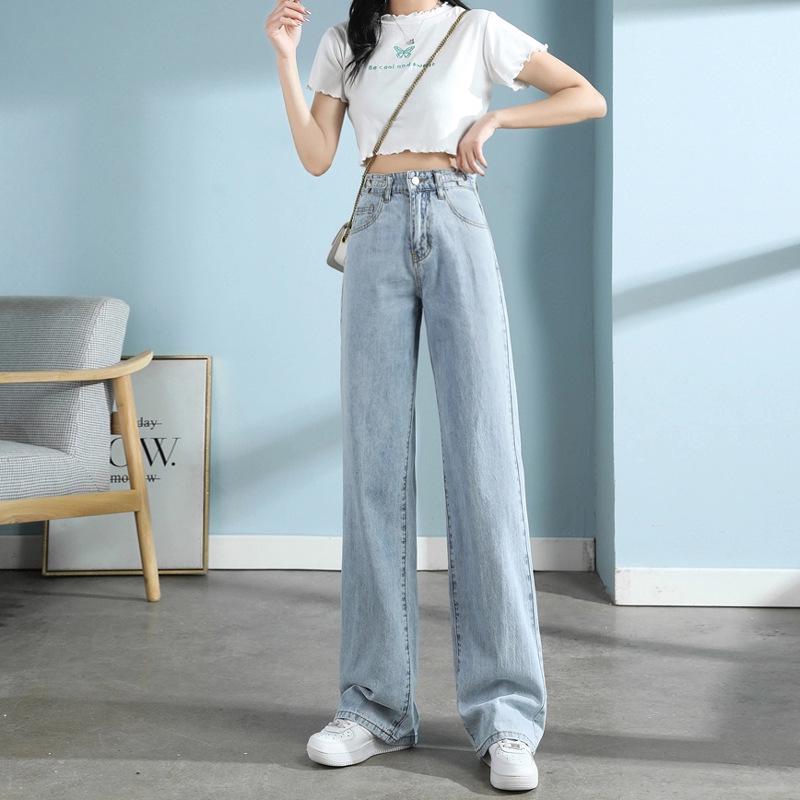 

Женские джинсы с высокой талией и регулируемым кроем: Корейский стиль, утягивающие, широкие, длиной до пола, универсальные брюки на весну S