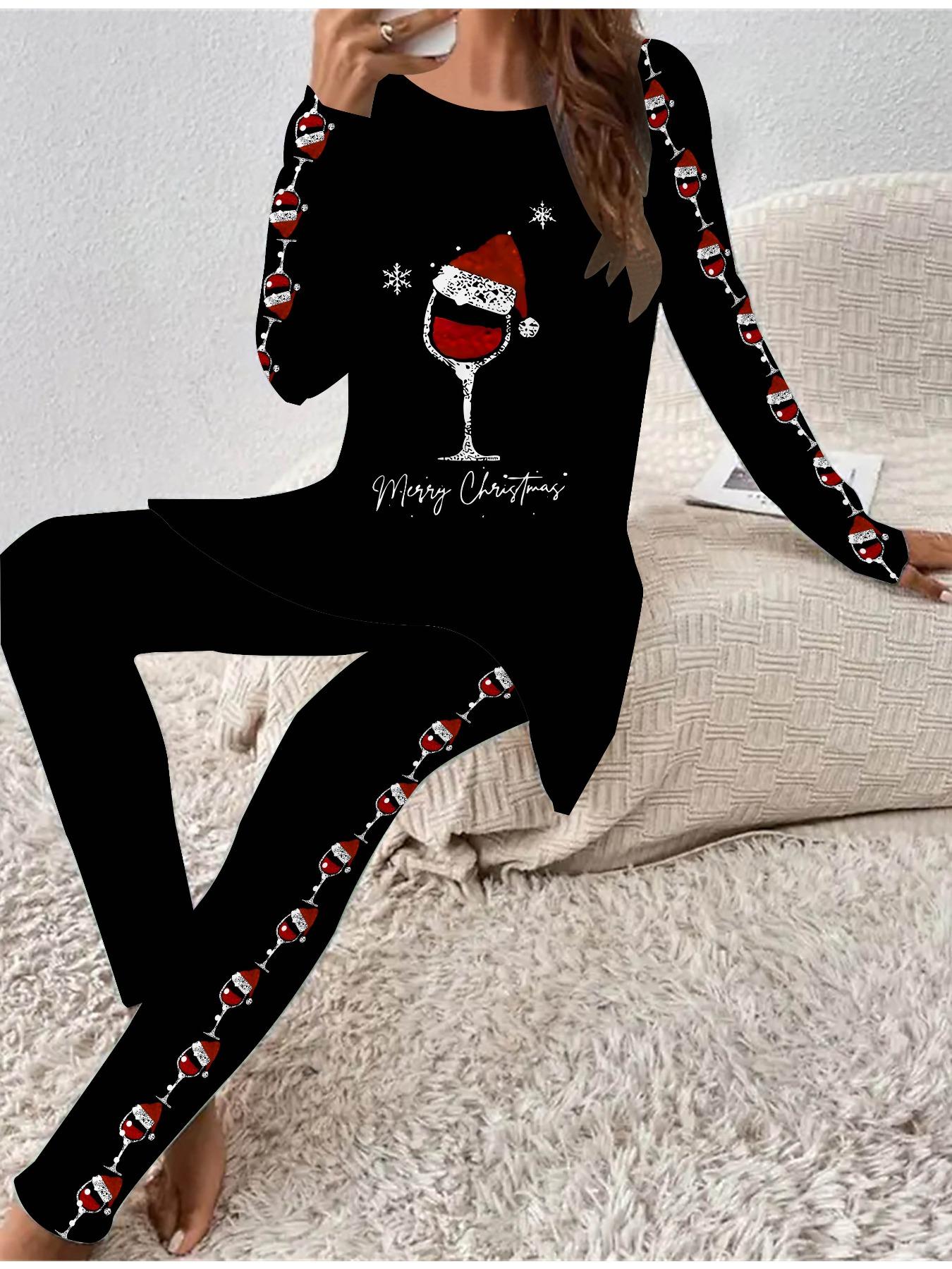 

Euro-American Fashion 3D Christmas Printed Women s Four-season Long-sleeved T-shirt + Long Pants Two-piece Set. Perfect Gift for New Year & Christmas 1XL