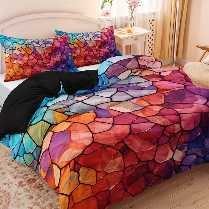 Colorful Diamond Plaid Duvet Cover Set  Polyester Breathable Machine Washable Includes 1 Duvet Cover 2 Pillowcases