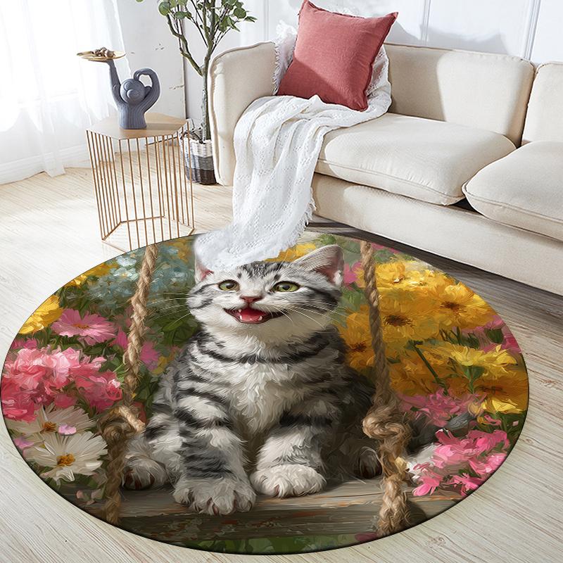 Runder Teppich im Muster der American Shorthair, Teppich für Wohnzimmer, Schlafzimmer, Spielzimmer, Rutschfeste Fußmatte, Feiertagsgeschenke und Geburtstagsgeschenke.