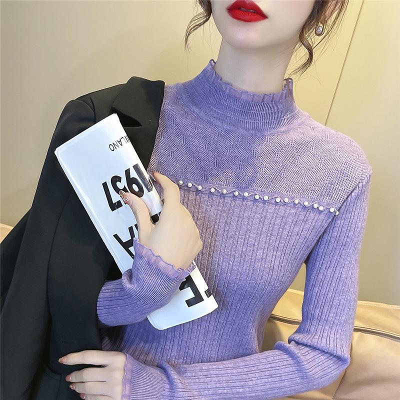 In Stock Autumn Winter Korean Womens Semi High Neck Solid Pullover Base Layer Multi Color Slimming Cutout Knit Sweater