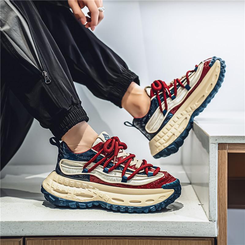 Spring and Autumn Leather Surface Heightening Sports Casual Shoes New Men's Adolescent Personality Thick-soled Lace-up Dad Trendy Shoes Men
