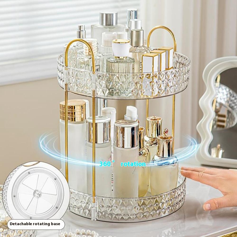 Rotating 2-Tier Vanity Makeup Organizer Cosmetics Skincare Perfume Lipstick Storage Rack