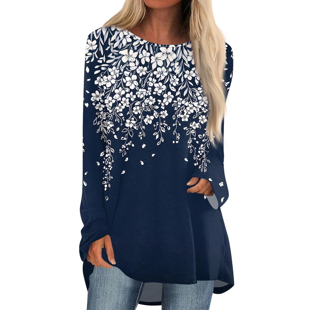 Women's Fashion Casual Long Sleeve Print Round Neck Pullover Top Blouse