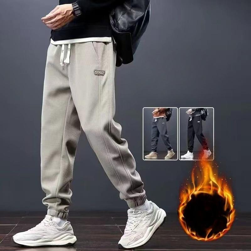 Men's Autumn Winter Japanese Style Cuffed Loose Sports Drawstring Sweatpants Fleece Lined Thickened Warm Casual Long Pants