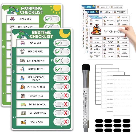 Upgraded Slider Morning/Bedtime Routine Chart for Kids Toddlers - Magnetic Kids Chore Chart for 2 Kids, Dry Erase Chore Chart for Kids, Visual