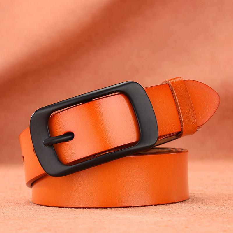 Fused Black Pin Buckle Pure Cowhide Belt Retro Leather Wide Belt Casual Simple Jeans Belt