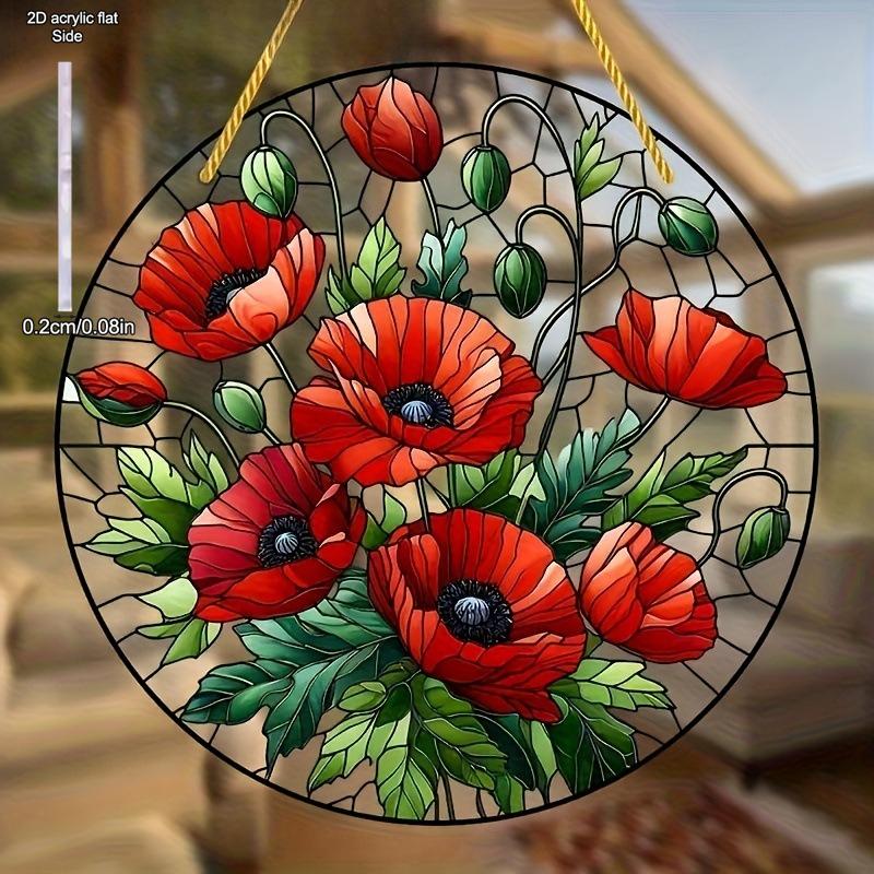 Red Poppy Flowers Decoration Wall Hanging Pendant, Sun Catcher, Acrylic Garland Sign- Light - Catching Window Decor, Novelty Home Deco