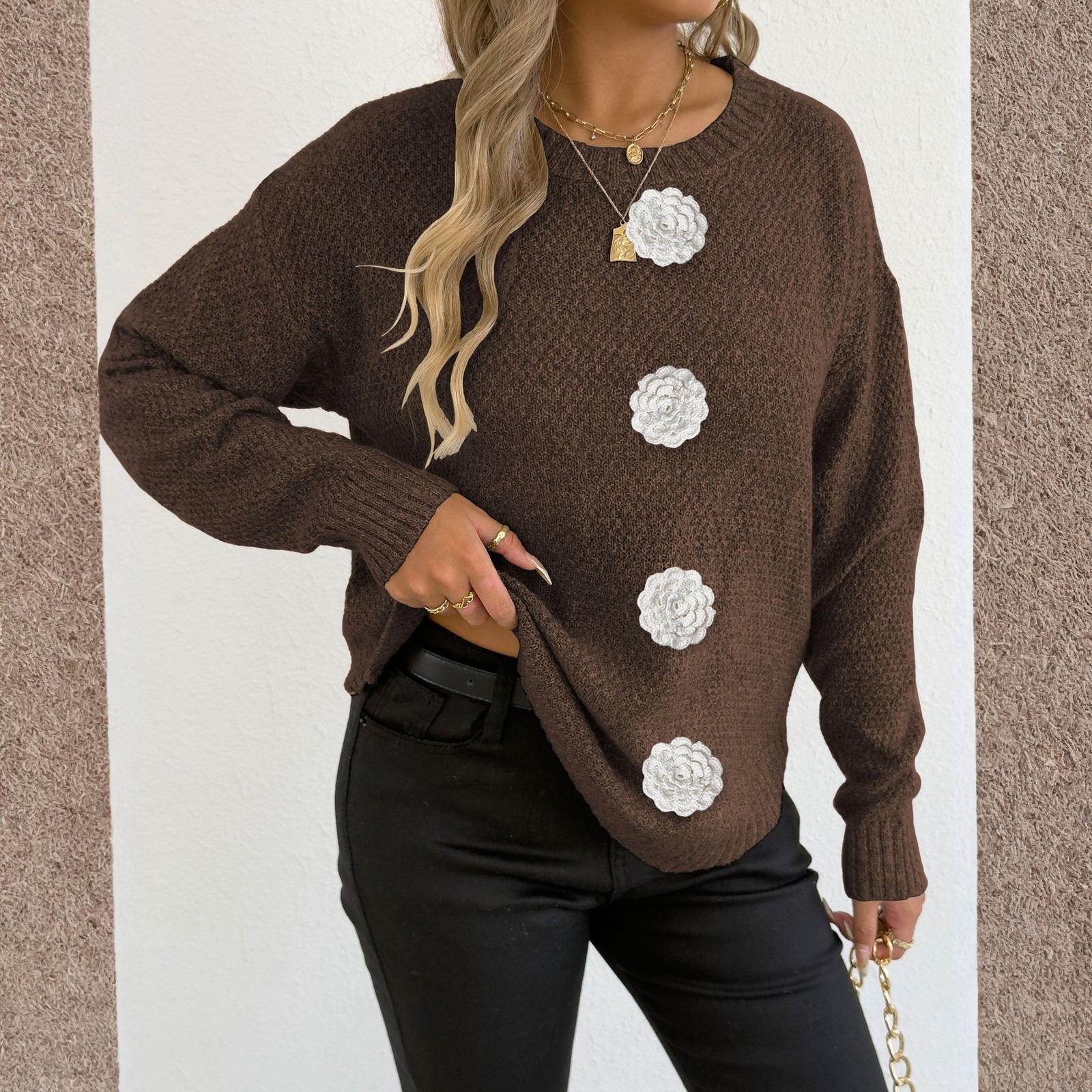 

Женская футболка с винтажным цветочным принтом, круглым вырезом, свободная, с длинным рукавом, средней длины, с большим пальцем, с утечкой M кофейный