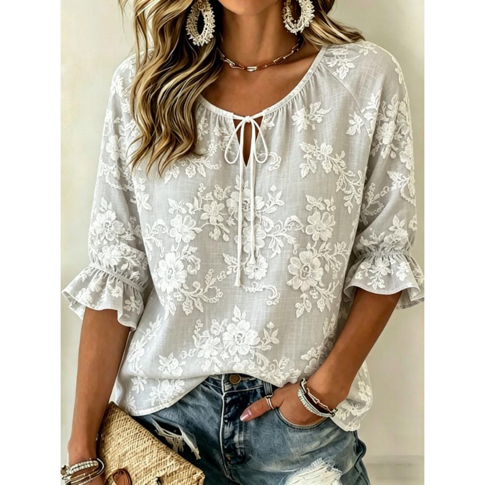 Damen Weiße Spitze Blumendruck Krawattenhals Bluse, Lässige Lockere Oberteile für Frühling Sommer Tägliche Kleidung & Urlaubsanlässe