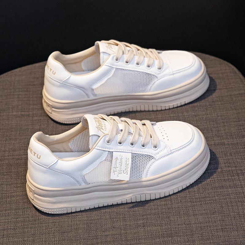 Маленькие белые туфли из натуральной кожи, женские, весна-лето, новые, толстые, хитовые, цветные, с круглым носком, повседневные, спортивные, сетчатые, дышащие, полые кроссовки 35