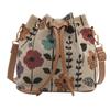 Modische Leinenstoff Eimer Tasche Blumenmuster Verstellbarer Kordelzug Schultertasche Ethnischer Stil Umhängetasche Damenmode