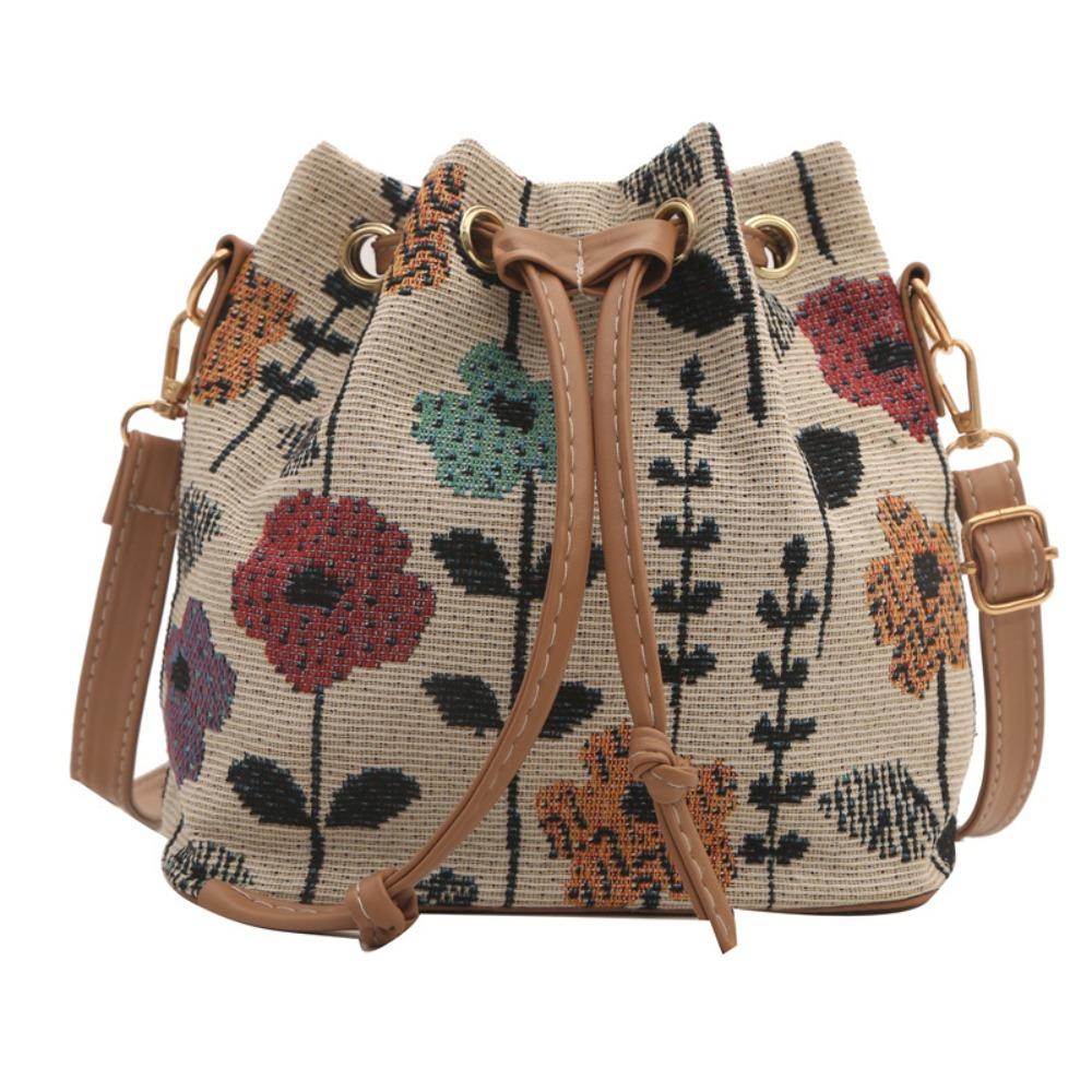 Modische Leinenstoff Eimer Tasche Blumenmuster Verstellbarer Kordelzug Schultertasche Ethnischer Stil Umhängetasche Damenmode