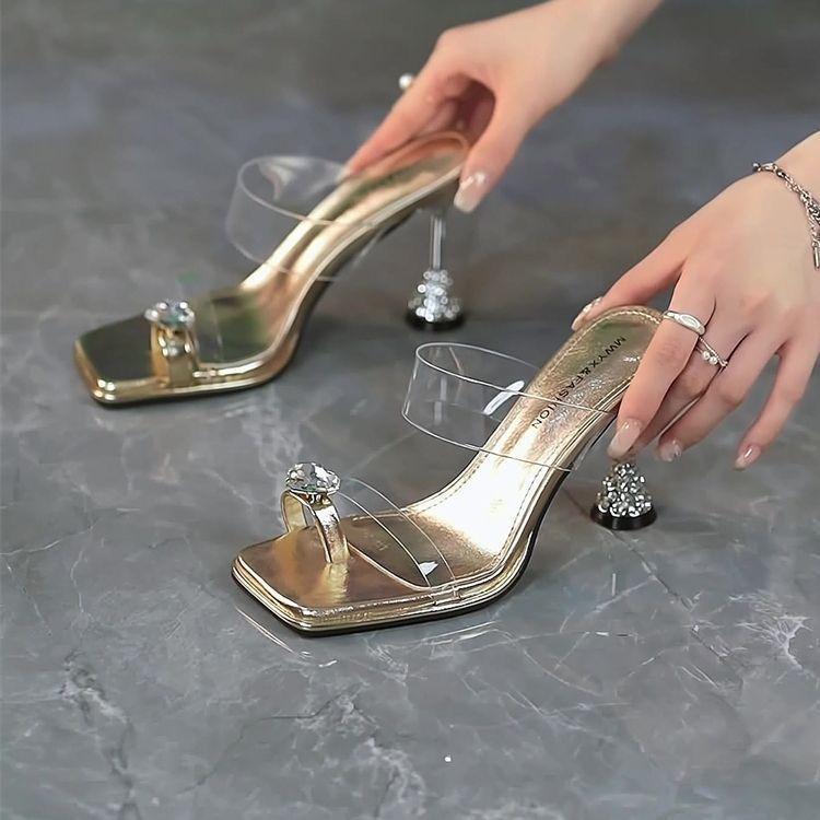 Mode Strass Set Zehen Casual High Heels Damen 2025 Sommer Elegant Dünner Absatz Oberbekleidung Quadratische Spitze Transparent Wort Sandalen