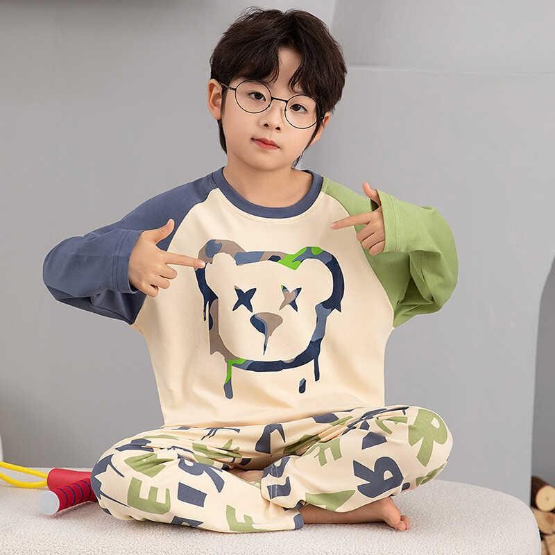 Boys Cotton Pajama Set Long Sleeve Cartoon Print Sleepwear Kids Teens Home Wear