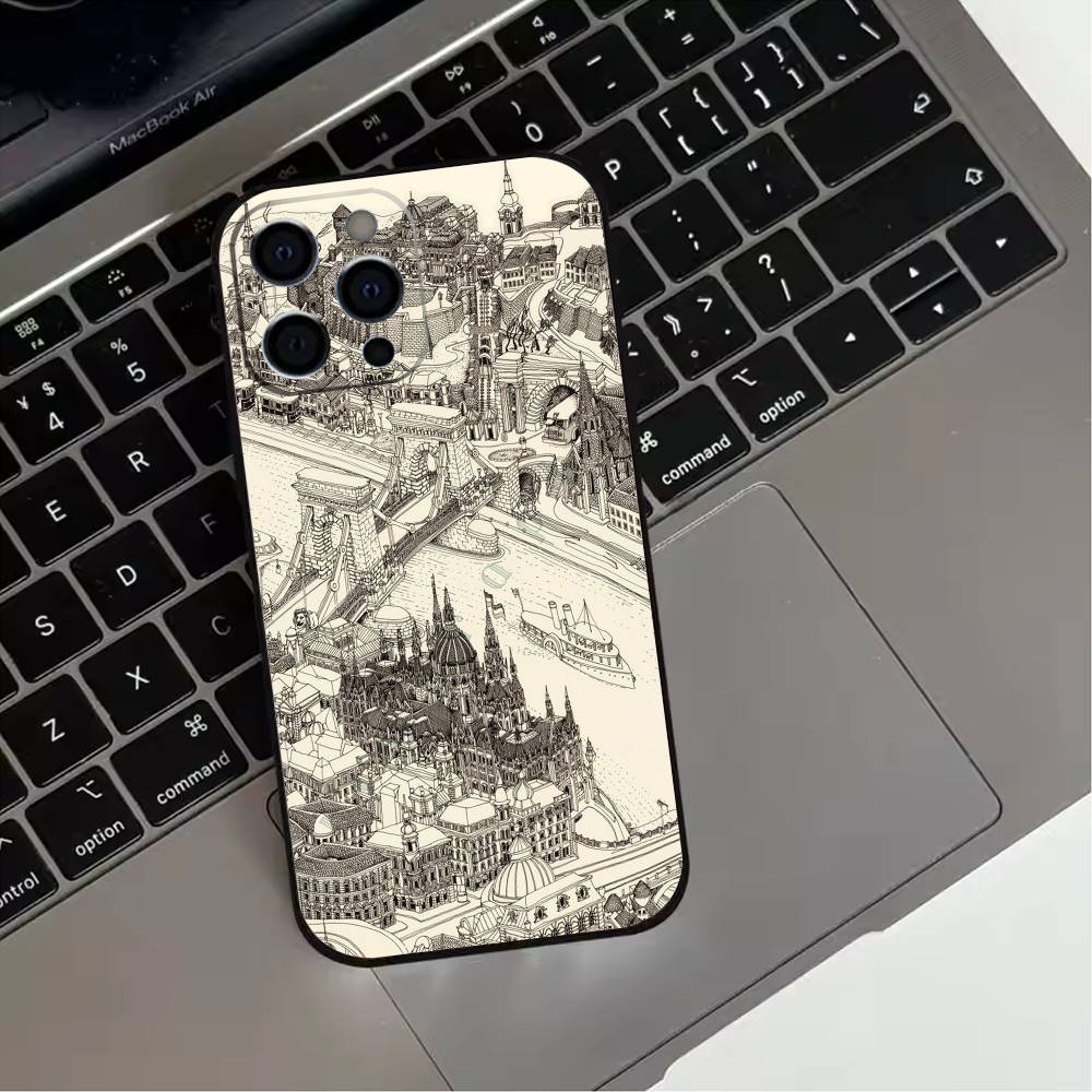 

Famous City Sketch City Map Phone Case For iPhone 17,16,15,14,13,12,11 Plus,Pro Max,XS,Soft Silicone Black Cover iPhone16e