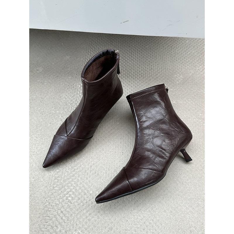Soft Leather Black High Heel Short Boots Women'S Thin Heel Pointed Versatile Commuter French Skinny Boots