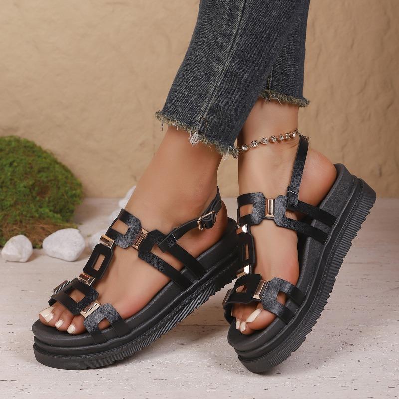 New Women's Shoes Double Buckle Platform One-word Sandals Women's Retro Casual and Lightweight Beach Sandals