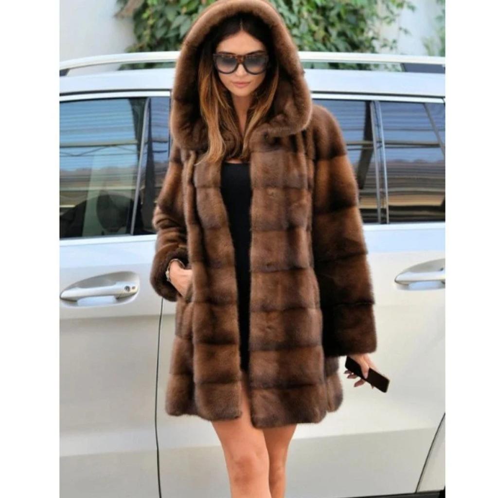Women's Mink Fur Coat Medium Long Hooded Coat Fur Plus Size Casual Winter Warm Loose 9XL