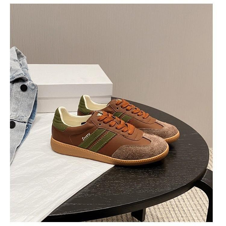 Vintage Maillard brown lace-up versatile platform German training shoes women's round head contrasting color casual sports shoes low-top board shoes