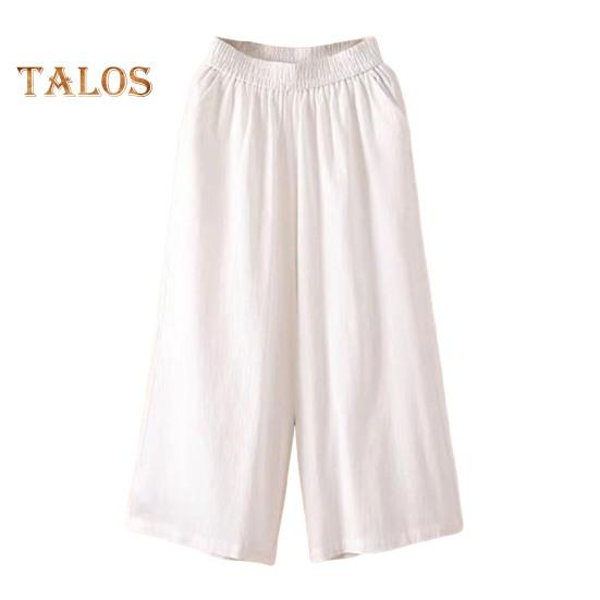 Pantaloni tăiați pentru femei, cu talie elastică, cu talie mijlocie, cu picior largi, cu buzunare, de culoare uni, pantaloni ocazionali, cu tăiere lejeră