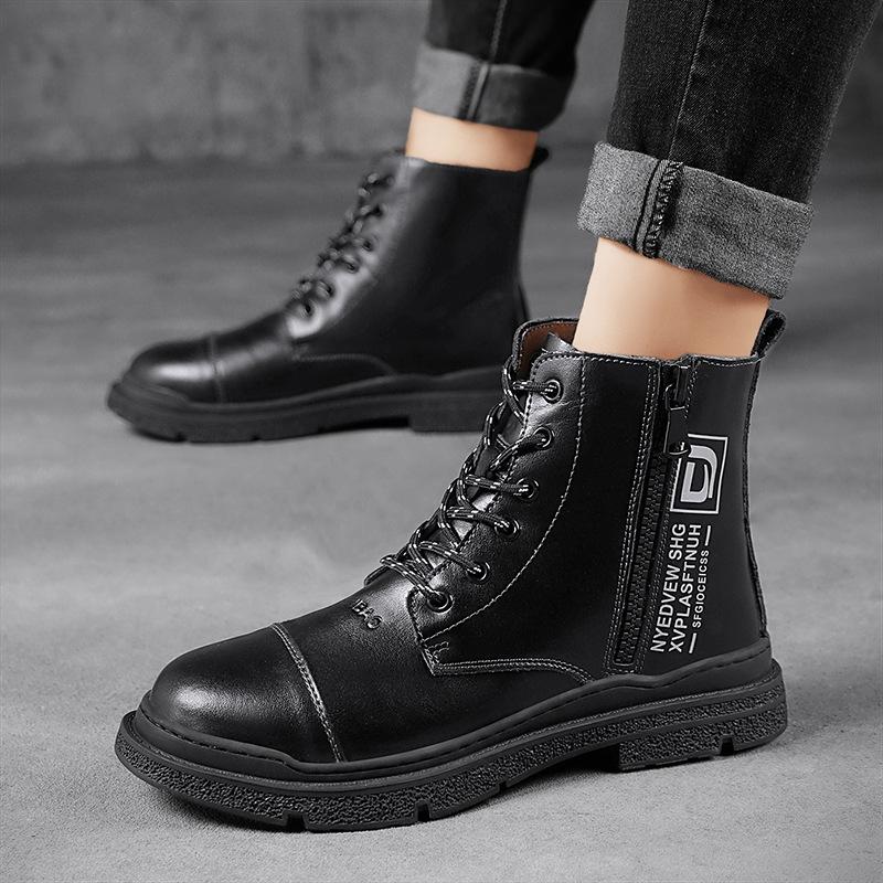 Winter Herrenstiefel aus echtem Leder Warme Plüsch-Schneestiefel Outdoor Wasserdichte Herrenstiefel Mode Reißverschluss Motorradstiefel