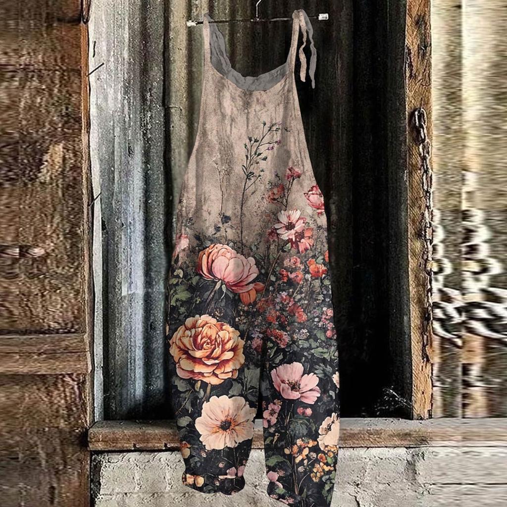 Women's Jumpsuit Floral Print Casual Loose Vintage Shoulder Strap Cotton Linen
