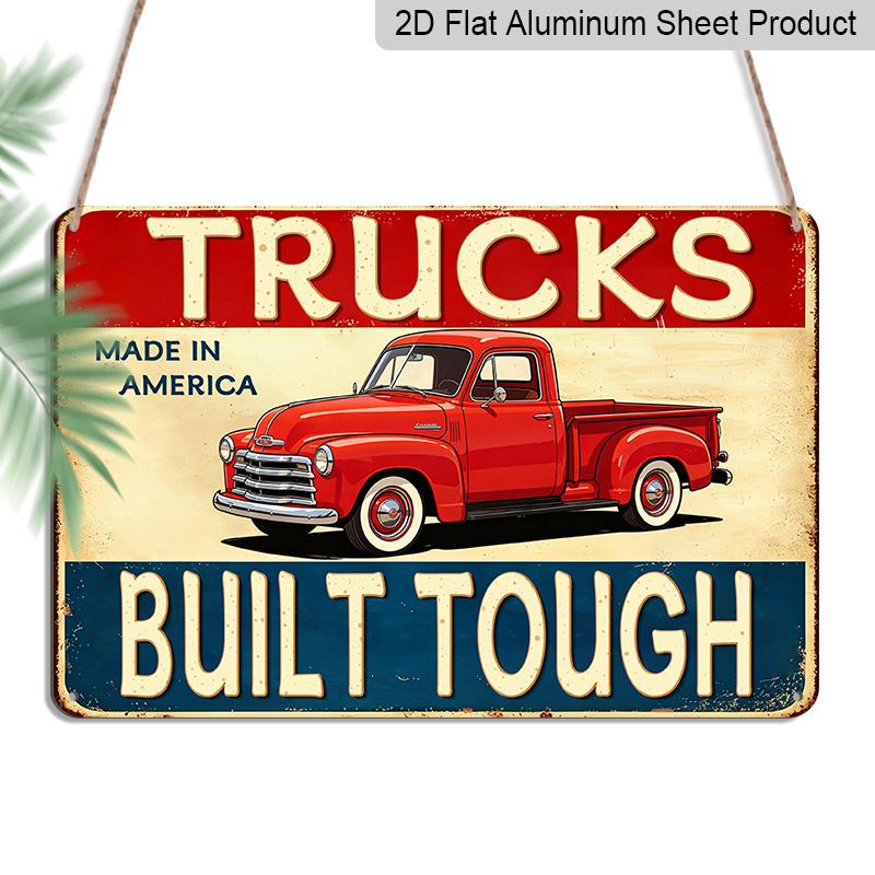 2D Flat, 1pc Trucks Built Tough Vintage Red Pickup Aluminum Sign, 12 ×8 - Aluminium Wall Hanging for Garage, Man Cave, Workshop - Classic Truck 20*30cm