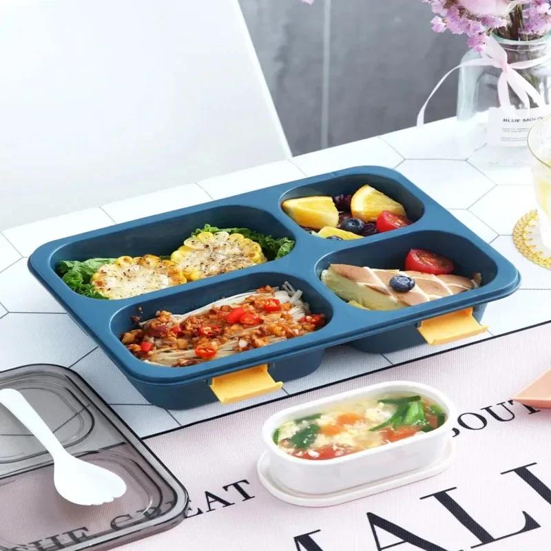Divided Bento Box for Students Three Divided Lunch Box Covered Soup Box Plastic Kitchen Tableware Microwave Sealed Lunch Box