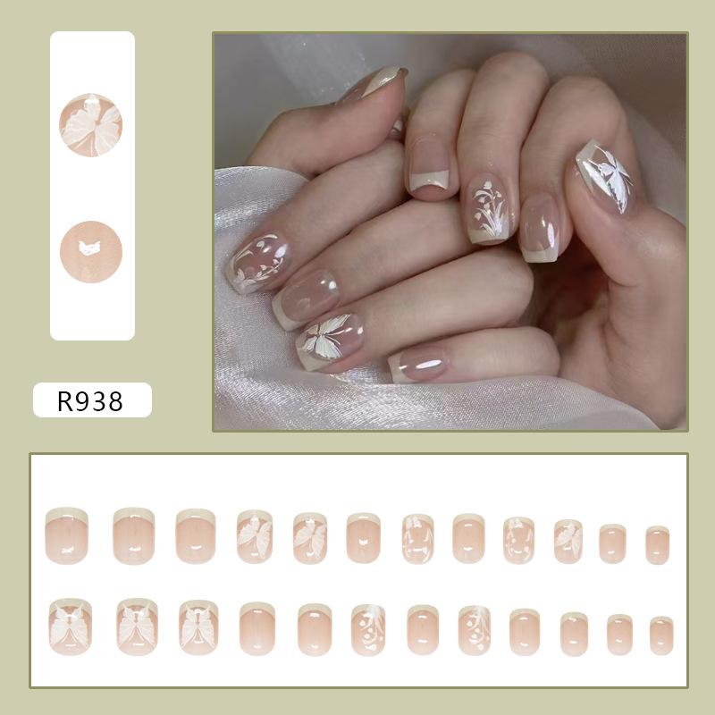 

Fairy White Butterfly French Gentle and Sweet Fake Nail Patch Removable Nail Patch 24 pieces